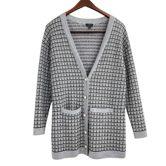 Talbots Gray Mini Plaid Merino Wool Cardigan Sweater Womens Petite Quiet Luxury - Picture 2 of 8